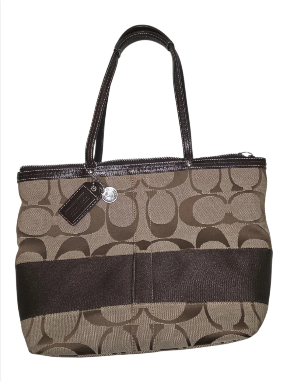 COACH Signature Stripe Tote Brown Khaki Shoulder Bag F13548